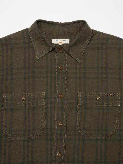 Nudie Jeans Julian Worker Plaid Check Shirt Olive