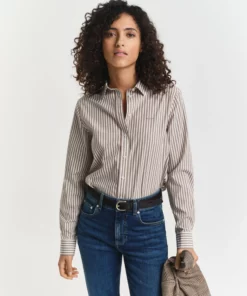 Gant Woman Classic Poplin Striped Shirt Taupe Beige