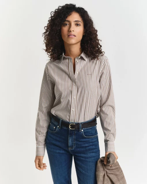 Gant Woman Classic Poplin Striped Shirt Taupe Beige