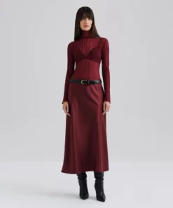 Malian Aubree Satin Midi Skirt Wine