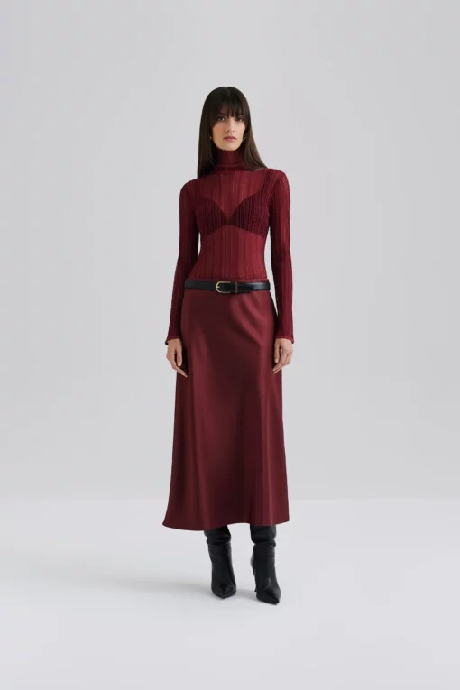 Malian Aubree Satin Midi Skirt Wine