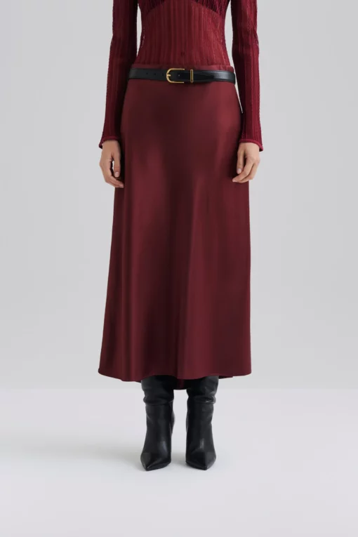 Malian Aubree Satin Midi Skirt Wine