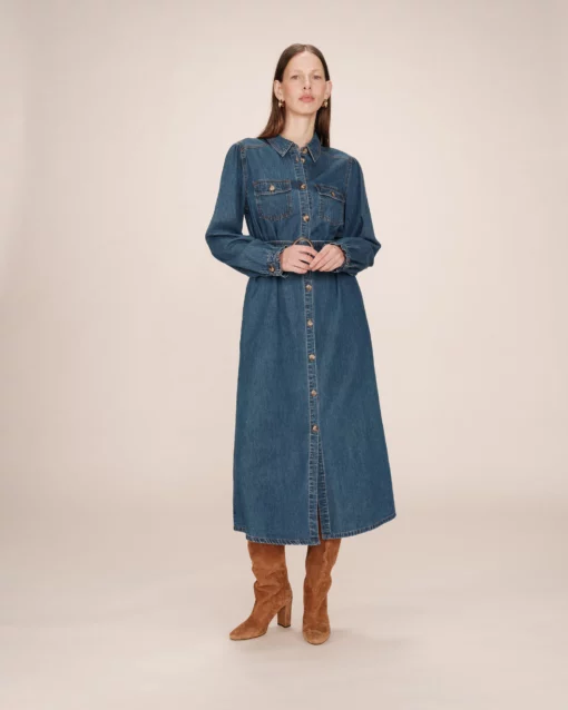 Grace & Mila Shanie Long Denim Dress Medium Blue