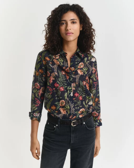 Gant Woman Reg Floral Cotton Silk Shirt Evening Blue