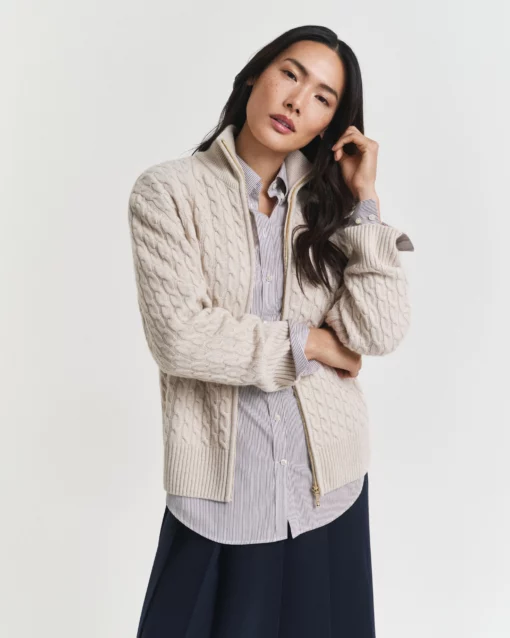 Gant Woman Cable Knit Zip Cardigan Seed Melange