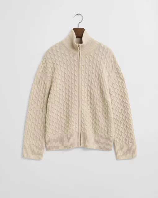 Gant Woman Cable Knit Zip Cardigan Seed Melange