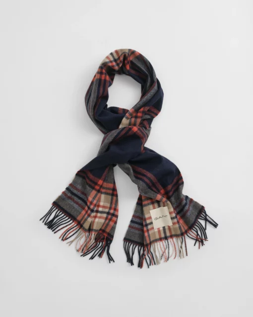 Gant Woman Tartan Check Wool Scarf Evening Blue