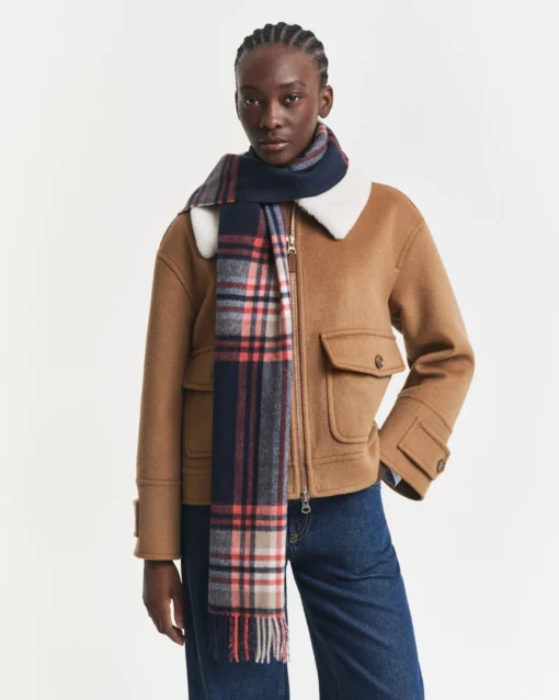 Gant Woman Tartan Check Wool Scarf Evening Blue