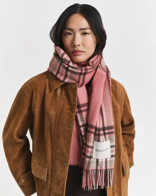 Gant Woman Tartan Check Wool Scarf Faded Brick