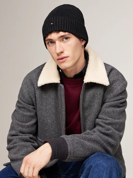 Tommy Hilfiger Hilfiger Flag Embroidery Beanie With Cashmere Charcoal Gray