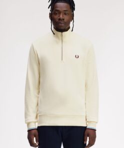 Fred Perry Half Zip Sweatshirt Ecru / Court Blue / Oxblood