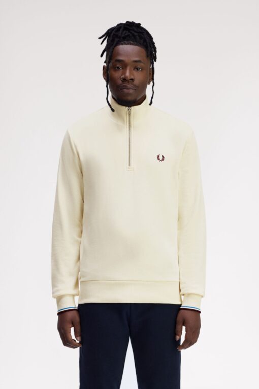 Fred Perry Half Zip Sweatshirt Ecru / Court Blue / Oxblood