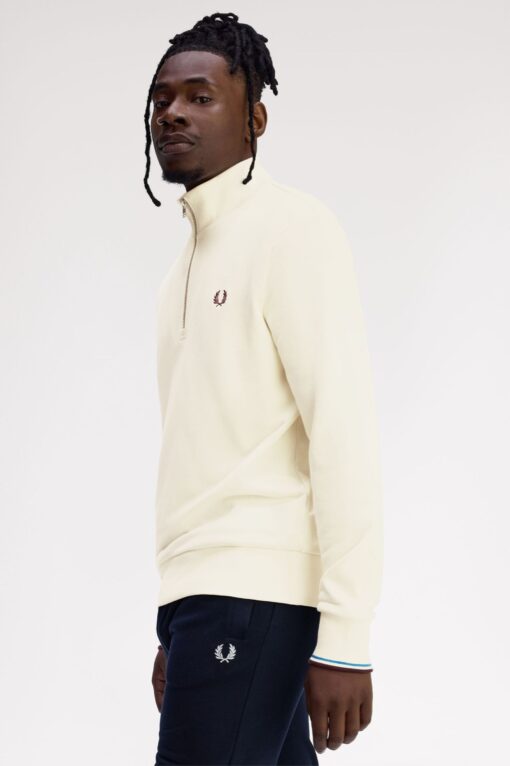 Fred Perry Half Zip Sweatshirt Ecru / Court Blue / Oxblood