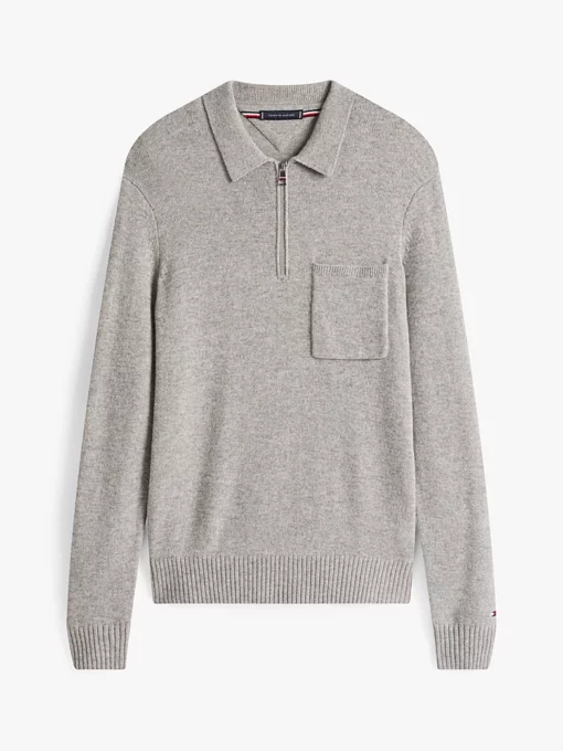 Tommy Hilfiger Pure Lambswool Zip Placket Polo Jumper Light Grey Heather