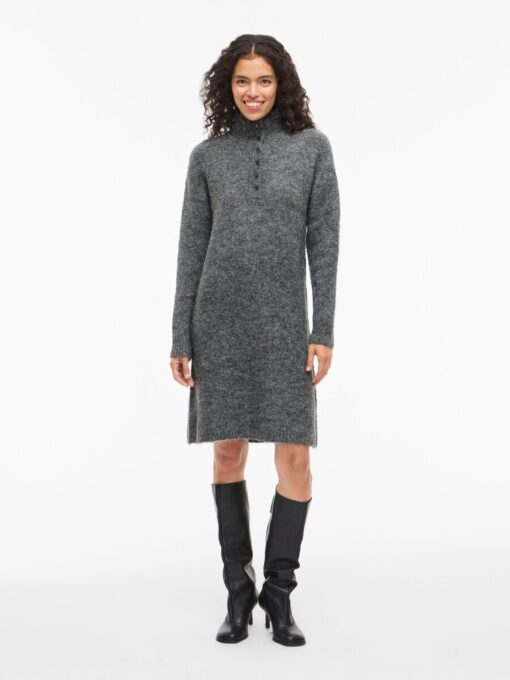 Vinynni Highneck Knit Dress Dark Grey Melange
