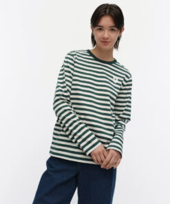 Marimekko Unisex Tasaraita Relaxed LS Shirt Dark Green, Off white