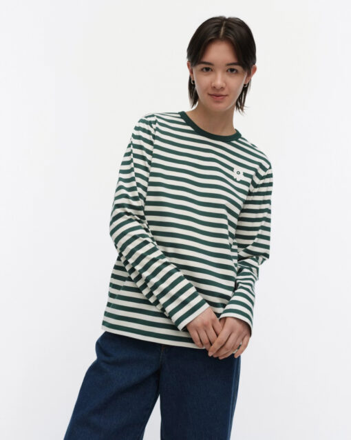 Marimekko Unisex Tasaraita Relaxed LS Shirt Dark Green, Off white