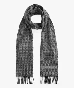Tommy Hilfiger Pure Wool Herringbone Fringed Scarf Grey Herringbone