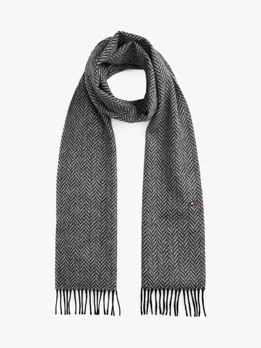 Tommy Hilfiger Pure Wool Herringbone Fringed Scarf Grey Herringbone