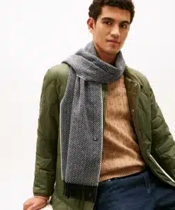 Tommy Hilfiger Pure Wool Herringbone Fringed Scarf Grey Herringbone