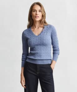 Gant Woman Stretch Cotton Cable V-neck Faded Denim