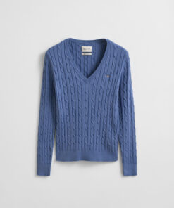 Gant Woman Stretch Cotton Cable V-neck Faded Denim