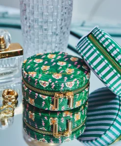 Fenella Smith Round Jewellery Case Green Palm Tiger