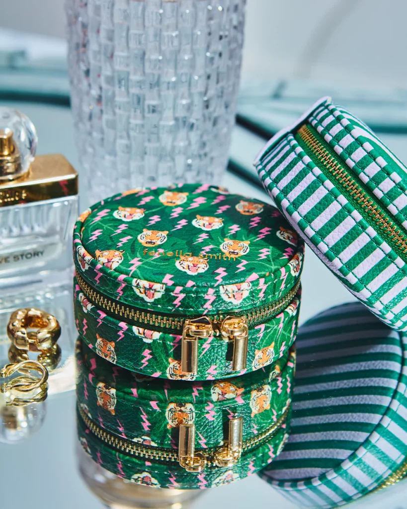 Fenella Smith Round Jewellery Case Green Palm Tiger