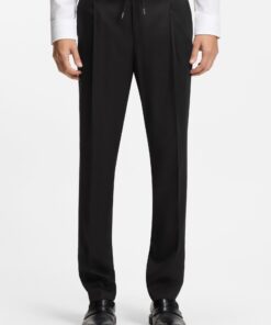 Slim Fit Trousers in Twill Fabric with Drawstring Waist Black