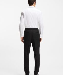 Slim Fit Trousers in Twill Fabric with Drawstring Waist Black