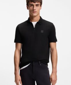 Boss Passerzip Stretch Cotton Slim Fit Polo Shirt Black