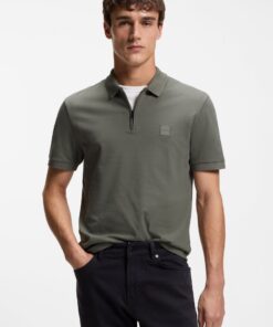 Boss Passerzip Stretch Cotton Slim Fit Polo Shirt Grey