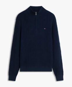 Tommy Hilfiger Textured Quarter Zip Mock Neck Jumper Navy Blue