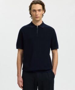 Selected Homme SLMCran Knit Structure Zip Polo Navy Blazer