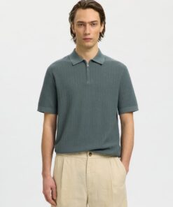 Selected Homme SLMCran Knit Structure Zip Polo Balsam Green