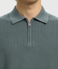 Selected Homme SLMCran Knit Structure Zip Polo Balsam Green