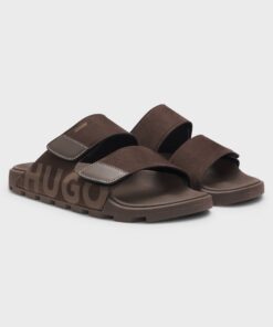 Hugo Faux Suede Slides With Logo Detailing Brown