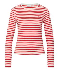 Comma, Striped Viscose Blend Long Sleeve Shirt With Embroidery Red