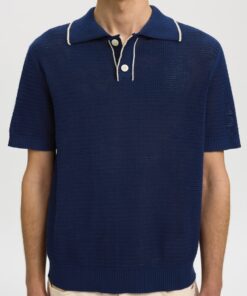Selected Homme SLHJesse Knit Open Structure Polo Ocean Cavern