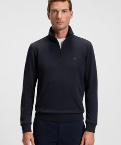 Boss Cotton Terry Sweatshirt with Zip Collar Dark Blue