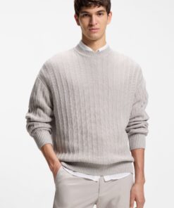 Boss Kawaii Linen Cotton Sweater with Knitted Structure Light Grey