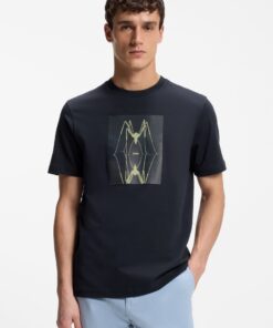 Boss Cotton Jersey T-Shirt with Printed Artwork Dark Blue
