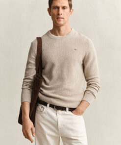 Gant Micro Textured Cotton C-Neck Oat Melange