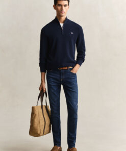 Gant Micro Textured Cotton Half Zip Evening Blue