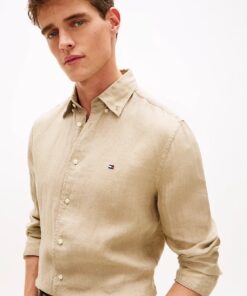 Tommy Hilfiger Regular Fit Washed Pure Linen Shirt Sandalwood