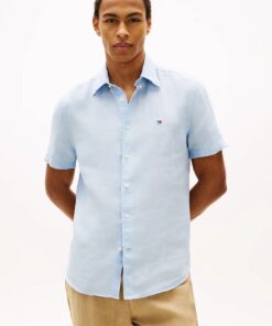 Tommy Hilfiger Regular Fit Washed Linen Short Sleeve Shirt Sky Blue