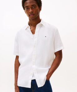 Tommy Hilfiger Regular Fit Washed Linen Short Sleeve Shirt White