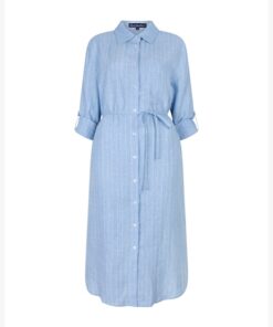 Red Button Shirtdress Linen Viscose Pinstripe Light Blue