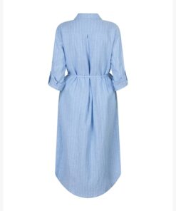 Red Button Shirtdress Linen Viscose Pinstripe Light Blue