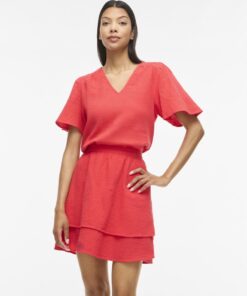 Vila VILania V-Neck S/S Top Hibiscus